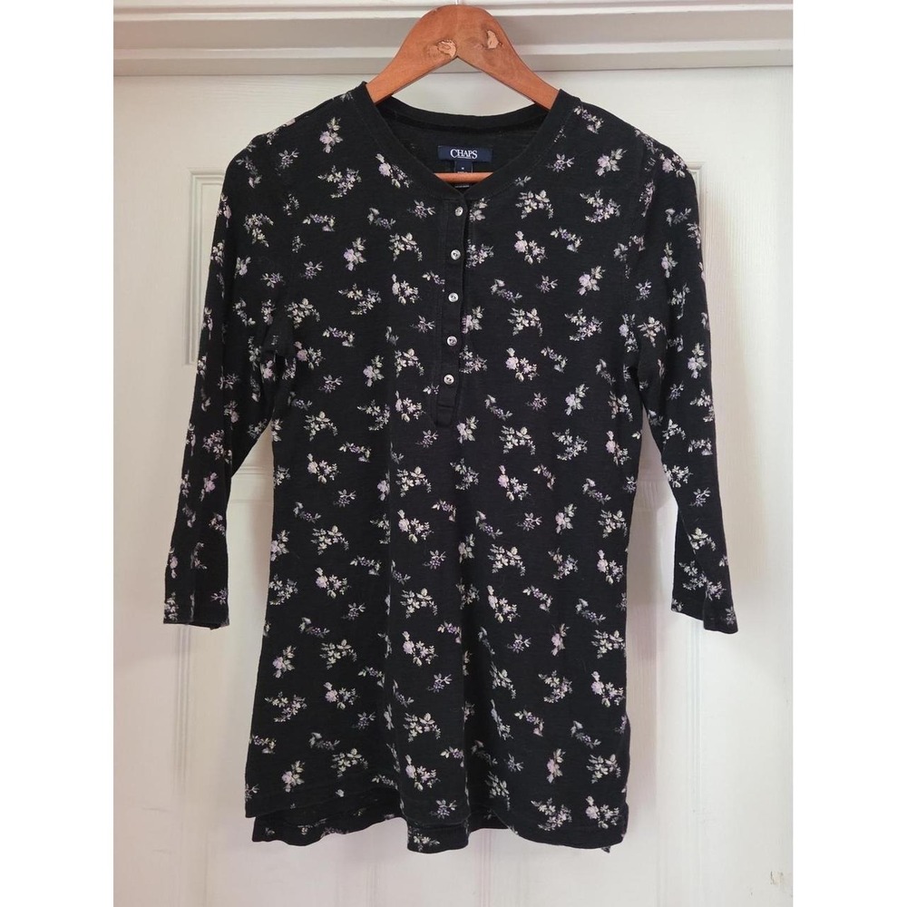 Women's Chaps Floral Size Medium 3/4 sleeve Knit Top Shirt 100% Cotton